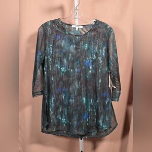 NWT Sympli Mesh Long Sleeve Green Blue Black Abstract Print Size 10